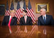 Vice President-elect Mike Pence (right) joins President-elect Donald Trump (left) at a meeting with Speaker of the House Paul Ryan during the 2016–17 presidential transition of Donald Trump