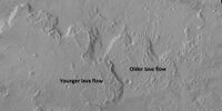 Lava flows on Olympus Mons with older and younger flows labeled, as viewed by HiRISE during the HiWish program
