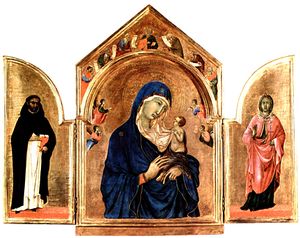 Small altarpiece with folding wings. Background of shining gold. Centre, the Virgin Mary in dark blue, holds the Christ Child. There is a standing saint in each side panel. The colours are rich and luminous, the figures are elongated and stylised.