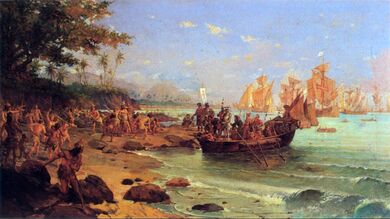 A painting depicting a boat containing armored men being rowed from ships on the horizon onto a shoreline crowded with people in loincloths, while in the background a native kneels before a small group of European men with a large white banner bearing a black cross