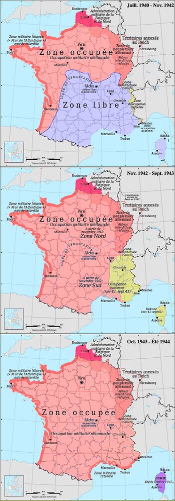 The zone occupée: German (red) and Italian (yellow) occupation zones of France, the zone libre, the zone interdite, the Military Administration in Belgium and Northern France, and annexed Alsace-Lorraine