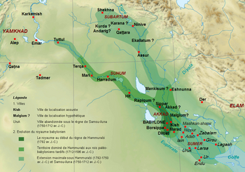 The extent of the Old Babylonian Empire at the start and end of Hammurabi of Babylon's reign, 1792ح. 1792 BC – 1750ح. 1750 BC