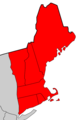 "A close-up image showing all six of the New England states highlighted in red on a political map."