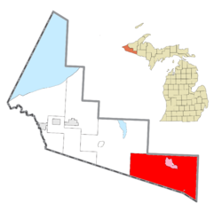 الموقع في مقاطعة گوگبيك (بالأحمر) والتجمع المُدار واترزميت (بالوردي)