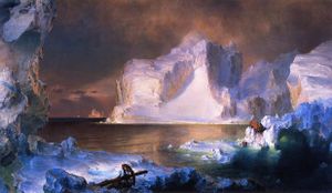 Painting of icebergs, with one white iceberg dominating the center of the work and dark blue and black icebergs framing the piece. The work is painted in a suggestive style rather than with precise detail.