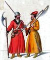Streltsy (warriors in Russia from 16th to the early 18th centuries) wearing kaftans. Painted in 19th century.