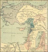 Hand colored map of the Near East. At the top is the Byzantine Empire which encircles the Seljuq Turks on three sides, north, west, and south. Below those two groups are the Kingdom of Armenia on the west and the County of Edessa on the east. Stretching along the coast below them are the Principality of Antioch, the County of Tripoli and the Kingdom of Jerusalem. To the east of the coast is Emirate of Damascus and the Dominion of the Atabeks. At the bottom of the map is the Caliphate of Cairo.