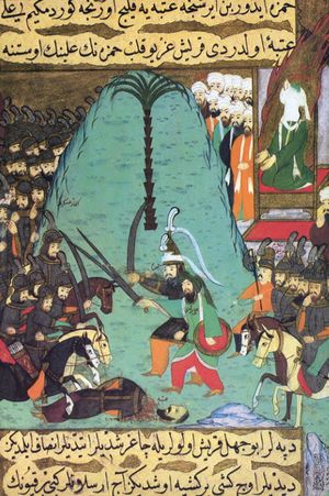 Siyer-i Nebi - Imam Ali und Hamza bei dem vorgezogenen Einzelkampf in Badr gegen die Götzendiener.jpg
