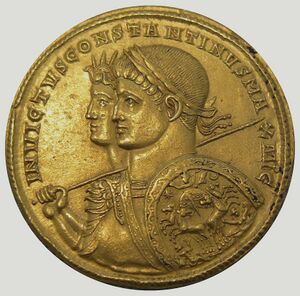 photo of gold coin issued by Constantine I with his picture and the god Sol's picture on it