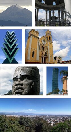 Clockwise, from upper left: Pico de Orizaba, General Juan de la Luz Enríquez Lara tomb, Xalapa Cathedral, Araucaria sculpture, Olmec colossal head from Museo de Antropología de Xalapa, Centro Mayor Tower, panoramic view from the Macuiltepetl's Mountain.