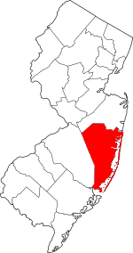 Map of New Jersey highlighting Ocean County