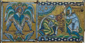The right panel shows Emperor Heraclius, in armor, holding a sword and preparing to strike the submissive Khosrow. The left panel shows a cherub with palms open.