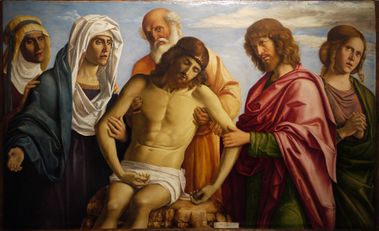 Cima da Conegliano, Nicodemus with Christ's body, Apostle John on the right and Mary to left.