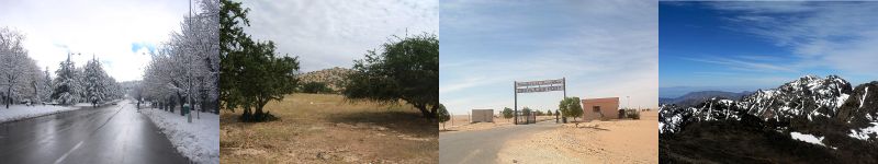 *قمة جبل توبقال أعلى قمم جبال الأطلس وأعلى قمة في العالم العربي *صورة لمدينة الداخلة وتتميز بارتفاع درجة الحرارة ومناخها الصحراوي *سفانا الأركان شمال غرب تارودانت، وهي من الأشجار النادرة في العالم *صورة لمدينة إفران خلال فصل الشتاء، حيث يتميز بتساقط كثيف للثلوج