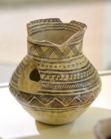 Pottery jar from Mesopotamia, modern-day Iraq. Halaf period, 4900-4300 BC. Erbil Civilization Museum, Iraqi Kurdistan.
