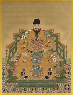 A portrait of the Chenghua Emperor seated on his throne