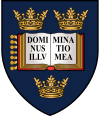 A shield displaying a coat of arms; on a dark blue background, an open book displays the words "Dominus Illuminatio Mea"; two gold crowns above, one below