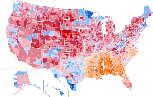 Results by county, shaded according to winning candidate's percentage of the vote
