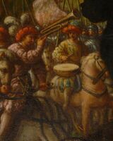 Painting from Munich, 15th century ADح. 15th century AD. S-curved trumpet paired with timpani kettle drums