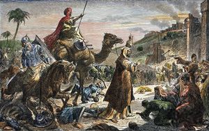 The entrance of Caliph Umar (581?-644) into Jerusalem, 638- colored engraving, 19th century..jpg