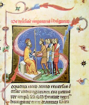 Chronicon Pictum, Hungarian, Hungary, King Peter, Holy Roman Emperor Heny III, German king, vassal, overlord, spear, medieval, chronicle, book, illumination, illustration, history