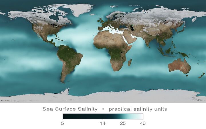 Annual mean sea surface salinity, measured in 2009 in practical salinity units [15]