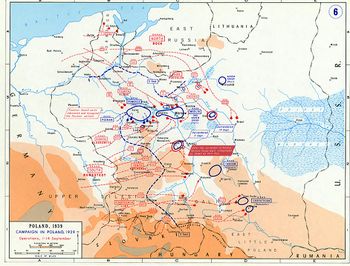 A map of Poland showing the German invasion from east Germany, East Prussia and German-occupied Czechoslovakia in September 1939