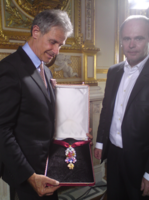 The recreated great Golden Fleece of King Louis XV of France, presented by H. Horovitz (left) and François Farges (fr) (right) at the Hôtel de la Marine, formerly the royal Storehouse in Paris, on June 30, 2010.