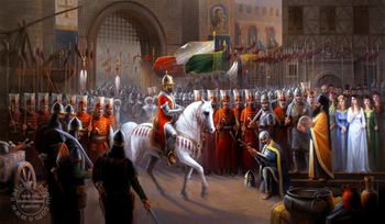 دافيد من طرابيزوند يسلم سيفه ومفتاح مدينة طرابزون للسلطان محمد الفاتح.