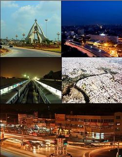 من أعلى اليسار إلى اليمين: بلدة بحيرة، فنادق ومنتزهات پيرل-كونتينيتال، محطة سكك حديد راولپندي، منظر جوي للمدينة وچاندي چوك.