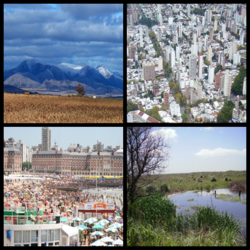 مع عقارب الساعة من أعلى اليسار: پامپاس، لا پلاتا، سلسلة جبال سييرا دلا ڤنتاناس، مار دل پلاتا.