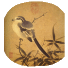 A square painting with irregularly sloped curved corners depicting a puffy bird with a blue-grey back and white underbelly perching on top of a bamboo branch.