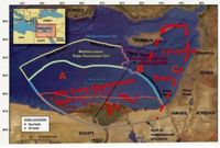 Location of 4 assessment units in the Nile Delta Basin Province in the Eastern Mediterranean (map not definitive for political boundaries), USGS image. A+B potential = 223 trillion ft³ of natural gas (6.31 trillion m3). C potential = 122 trillion ft³ of natural gas (3.45 trillion m3), USGS Assessment 2010.