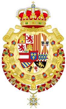 Royal Greater Coat of Arms of Spain (1700-1761) Version with Golden Fleece and Holy Spirit Collars.svg