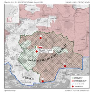 خريطة تظهر باللون الأخضر المنطقة التي تنشر فيها الكتيبة الأيرلندية في جنوب لبنان