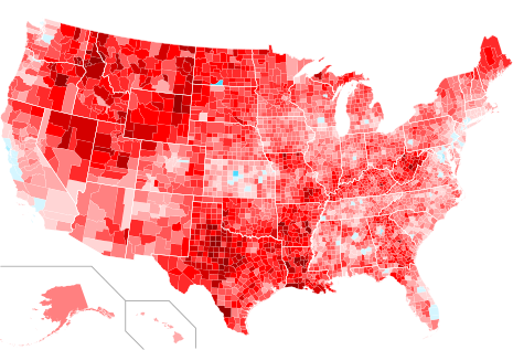 Change in vote margins at the county level from the 1996 election to the 2000 election