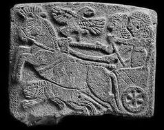 مشهد يصور عملية الصيد، منحوت على حجر بازلتي، عثر عليه في تل حلف، سوريا