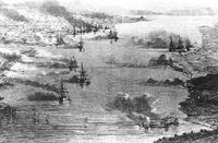 Birds-eye view of the bombardment of Kagoshima by the Royal Navy, August 15, 1863. Le Monde Illustré.