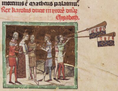 Chronicon Pictum, Hungarian, Hungary, King Charles Robert, Elizabeth of Poland, Queen of Hungary, royal wedding, crown, Hungarian Anjou coat of arms and flag, blowing horns, medieval, chronicle, book, illumination, illustration, histor