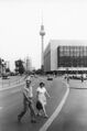 Marx-Engels-Platz and the Palace of the Republic in East Berlin in the summer of 1989. The Fernsehturm (TV Tower) is visible in the background.