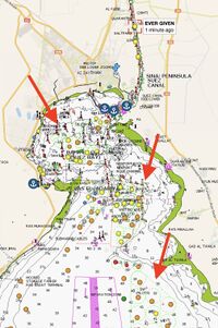 خريطة توضح موقع الحاوية إيڤر گيڤن بعد جنوحها في قناة السويس، 24 مارس 2021