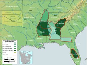 Map of the southern United States showing in dark green areas ceded by Indians.[215]