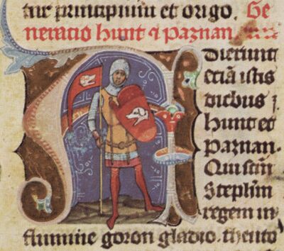 Chronicon Pictum, Hungary, Hungarian nobility, Hont, knight, flag with dog, shield with dog, ancestor, forefather, Hont Pázmány clan, family, medieval, chronicle, book, illumination, illustration, history