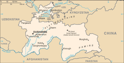 Historical map of Tajikistan showing the border with China
