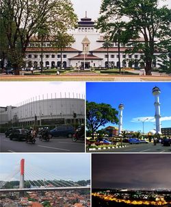 Clockwise, from top: Gedung Sate, Grand Mosque of Bandung, Bandung at night, Pasupati Bridge, Merdeka Building