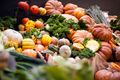 Pumpkins on a vegetable stall at Borough Market in London, England.