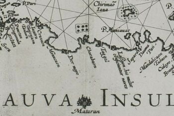 Map of Java from 1598 by Joannes van Doetecum the Elder, showing the city of Cirebon (Charabaon) with a flag on top of it.