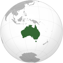 A map of the eastern hemisphere centred on Australia, using an orthographic projection