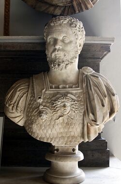 White statue of bearded man in military attire