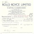 Certificate of the Rolls-Royce Limited for £23 of the Ordinary Stock, issued 8 August 1934. The stock certificate comes from the capital increase in November 1918 from £200,000 to £1,000,000. By far the oldest known British Rolls-Royce stock certificate.